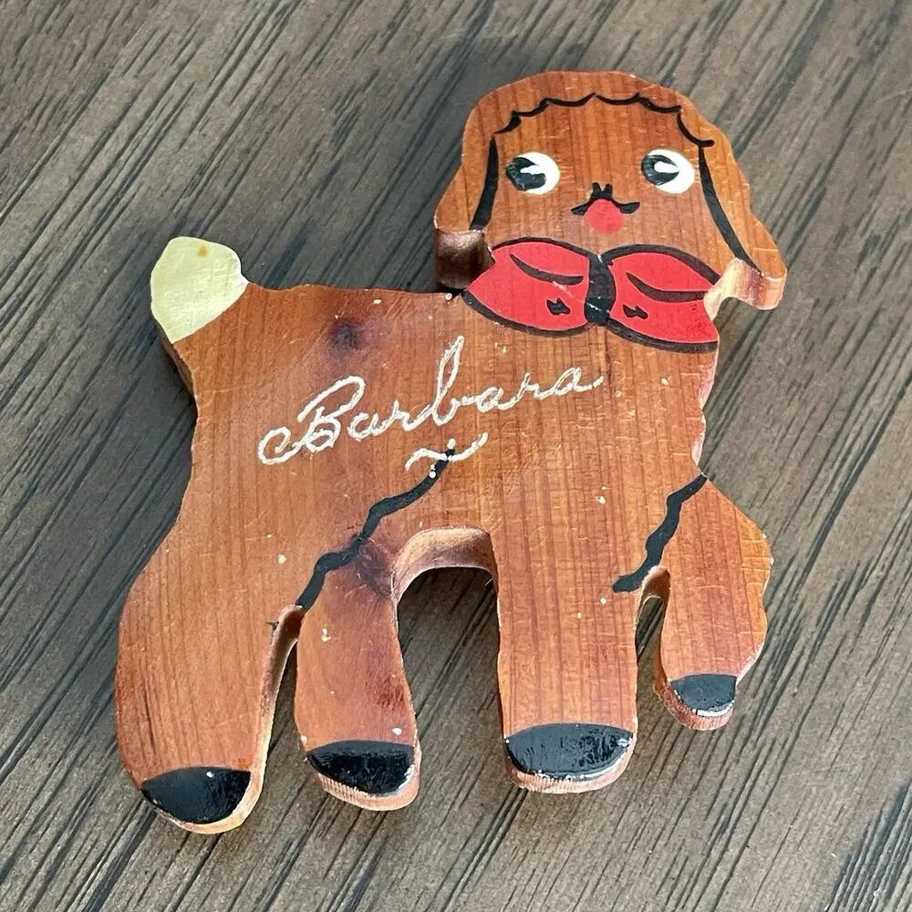 Vintage 1940s Wooden Lamb Brooch Pin Carved Hand Painted Barbara Script READ